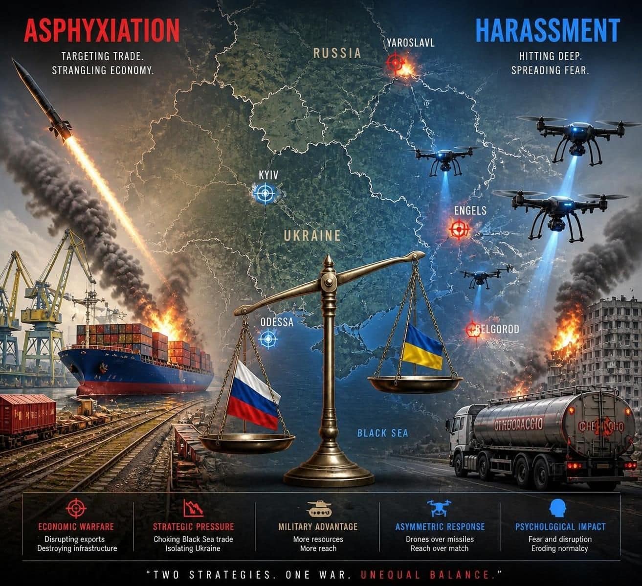 Asphyxier ou harceler. La Russie détruit les infrastructures ukrainiennes, l’Ukraine frappe en profondeur. Analyse des deux stratégies et de l’avantage russe dans la durée. : une guerre d’asphyxie contre une guerre de harcèlement